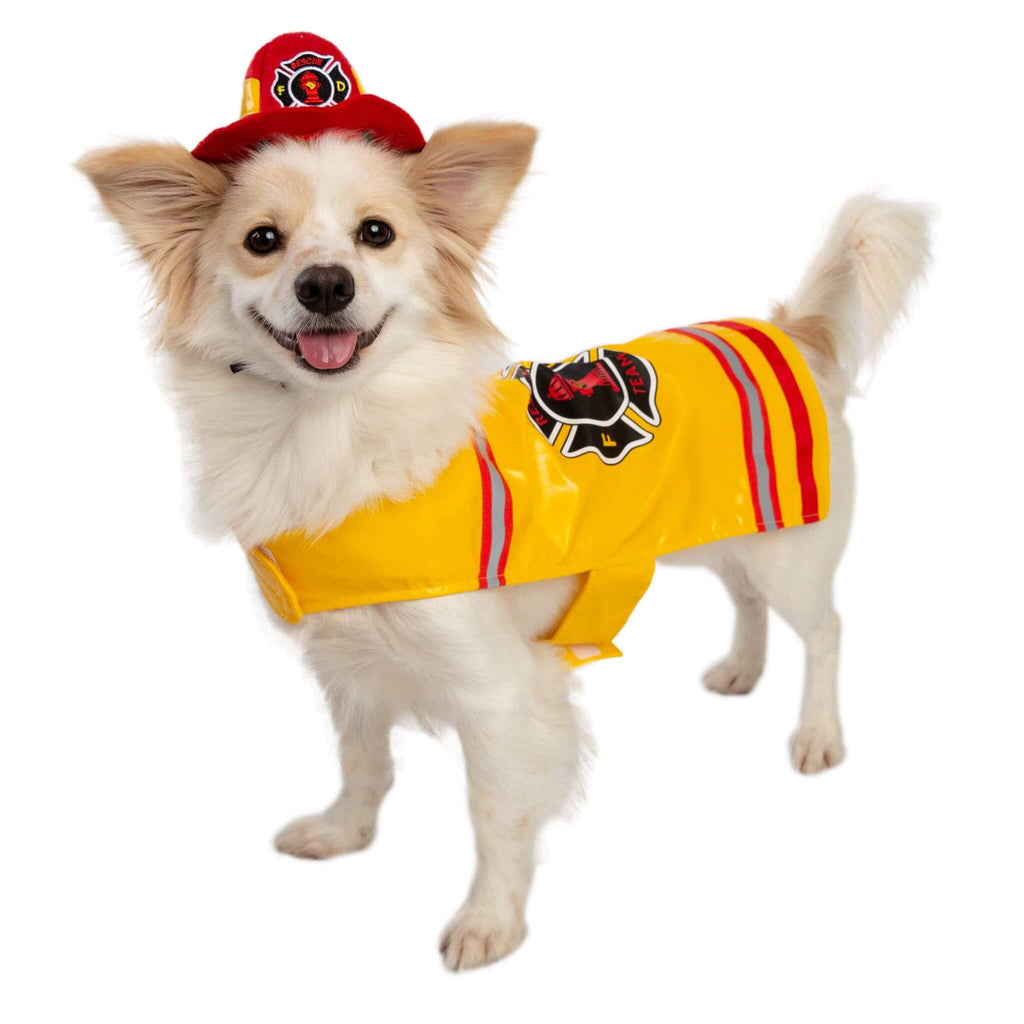 Dog wears Firefighter Pet Costume