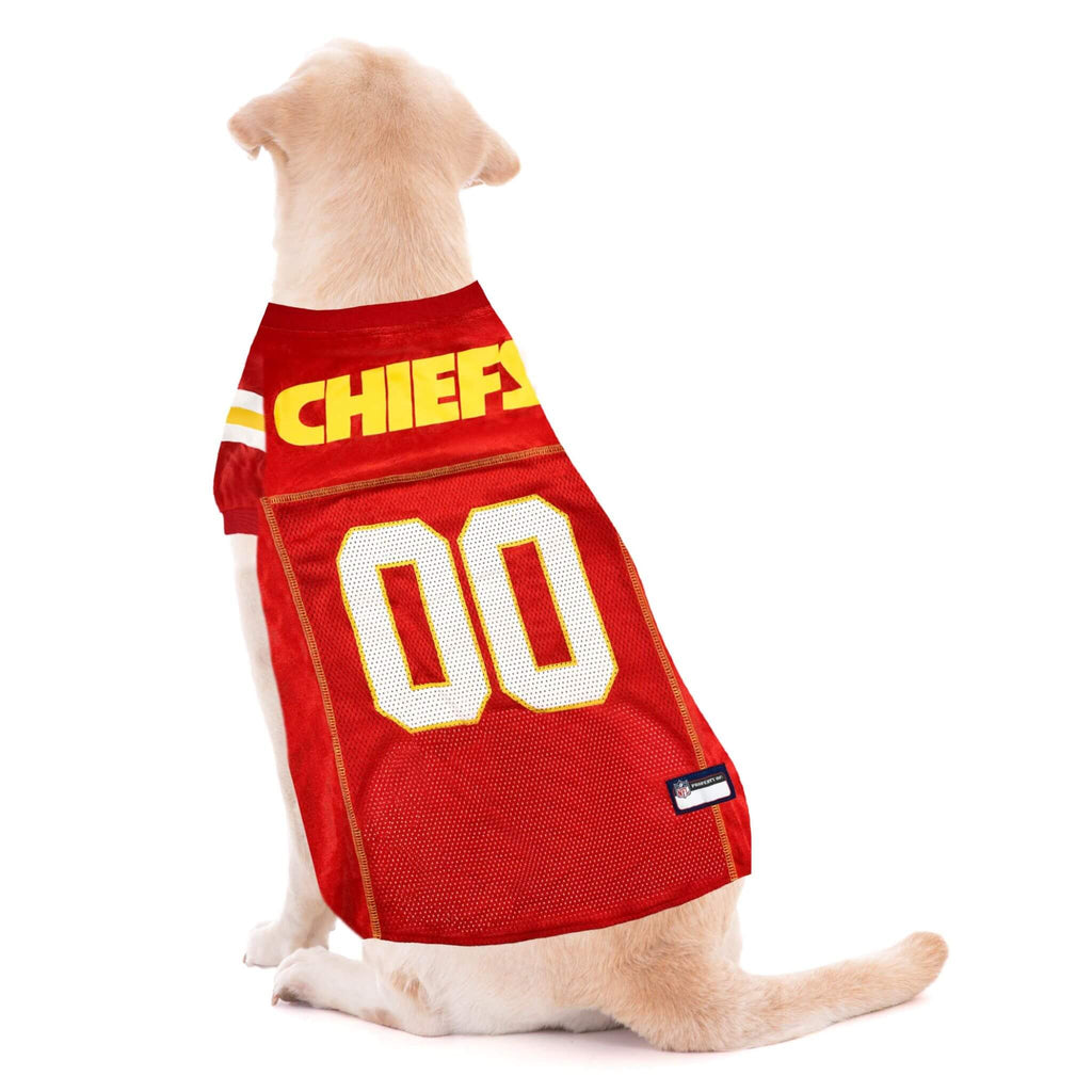 Dog wears NFL Kansas City Chiefs Mesh Dog Jersey