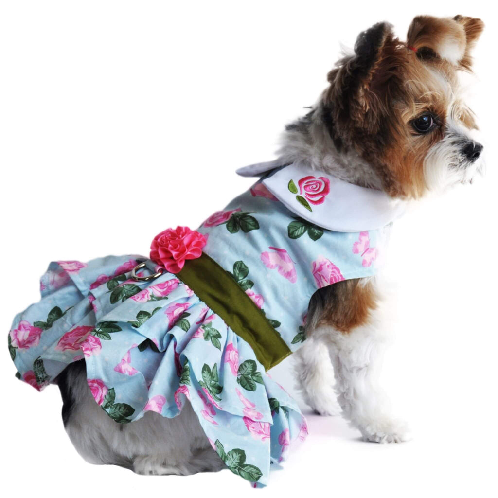 Dog wears Pink Rose Dog Harness Dress with Matching Leash