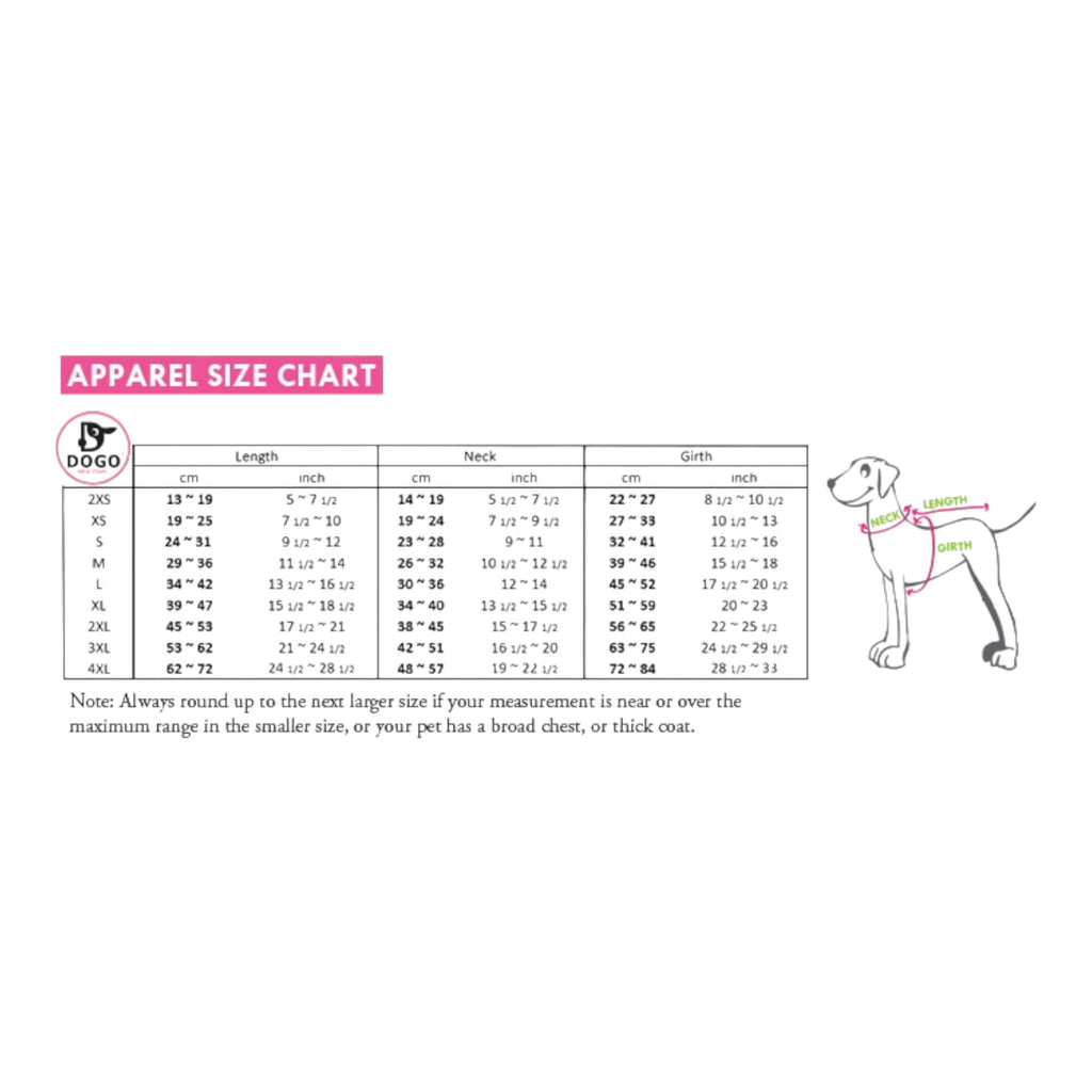 DOGO Pet Fashions Apparel Size Chart