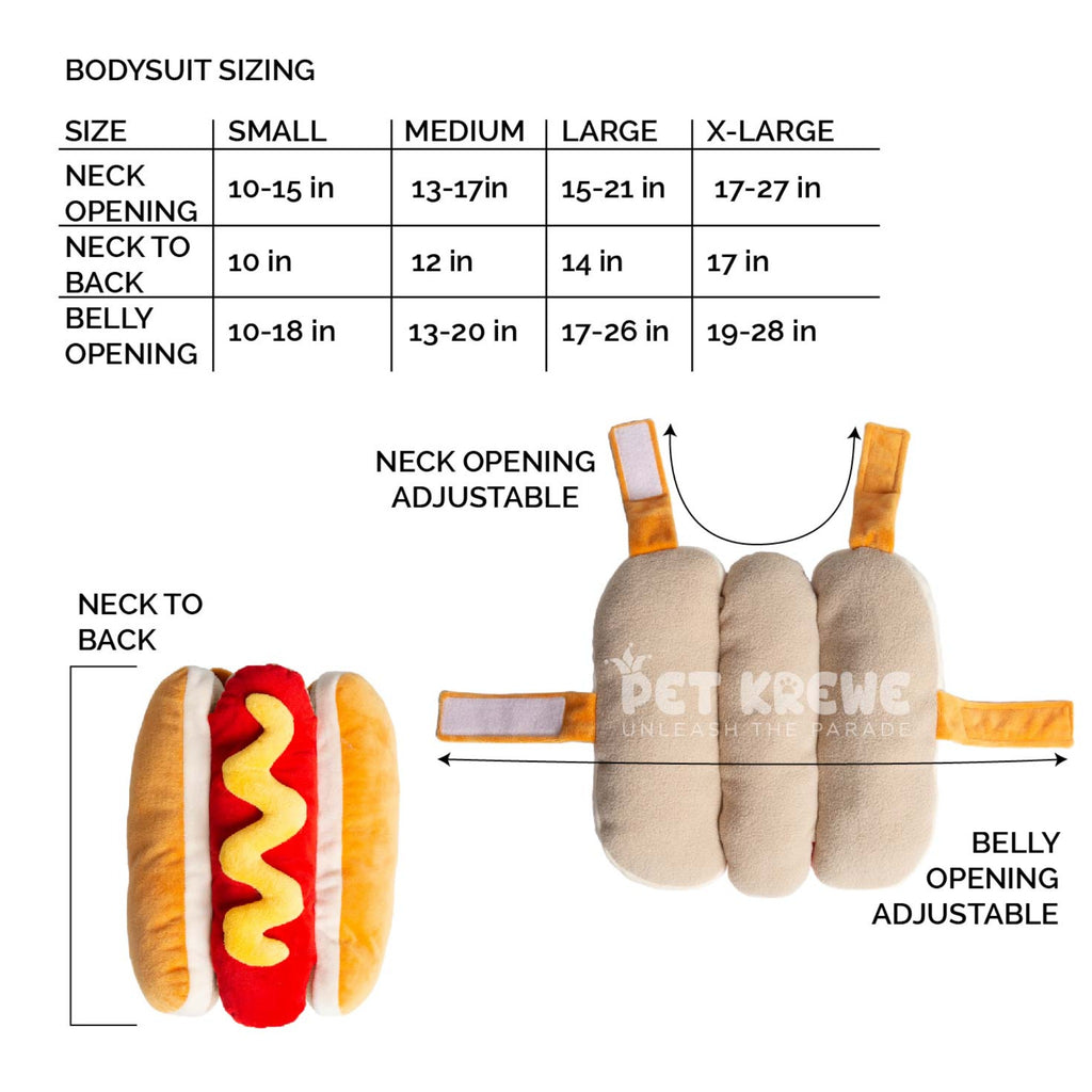 Hot Dog Costume for Dogs and Cats Size Chart