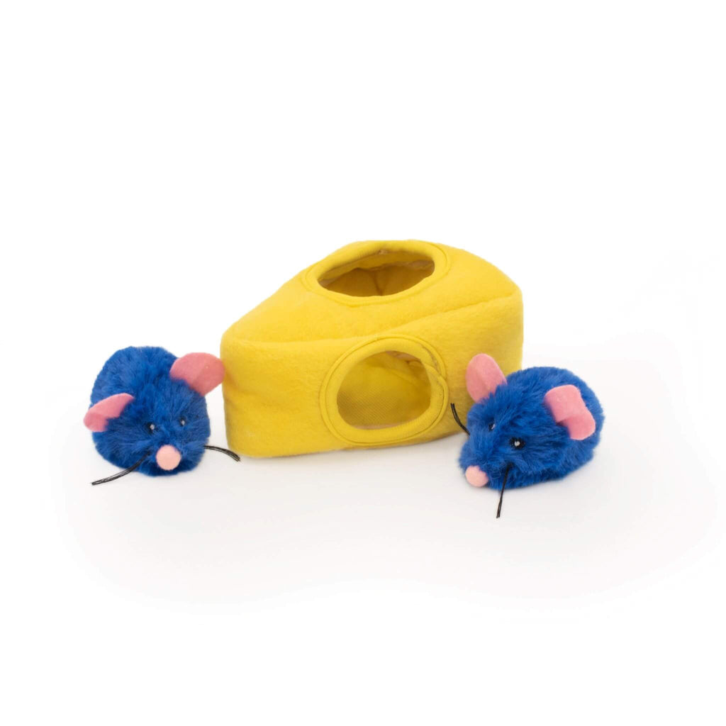 Mice 'N Cheese ZippyClaws Burrow Plush Cat Toy features two Mice Miniz stuffed with catnip