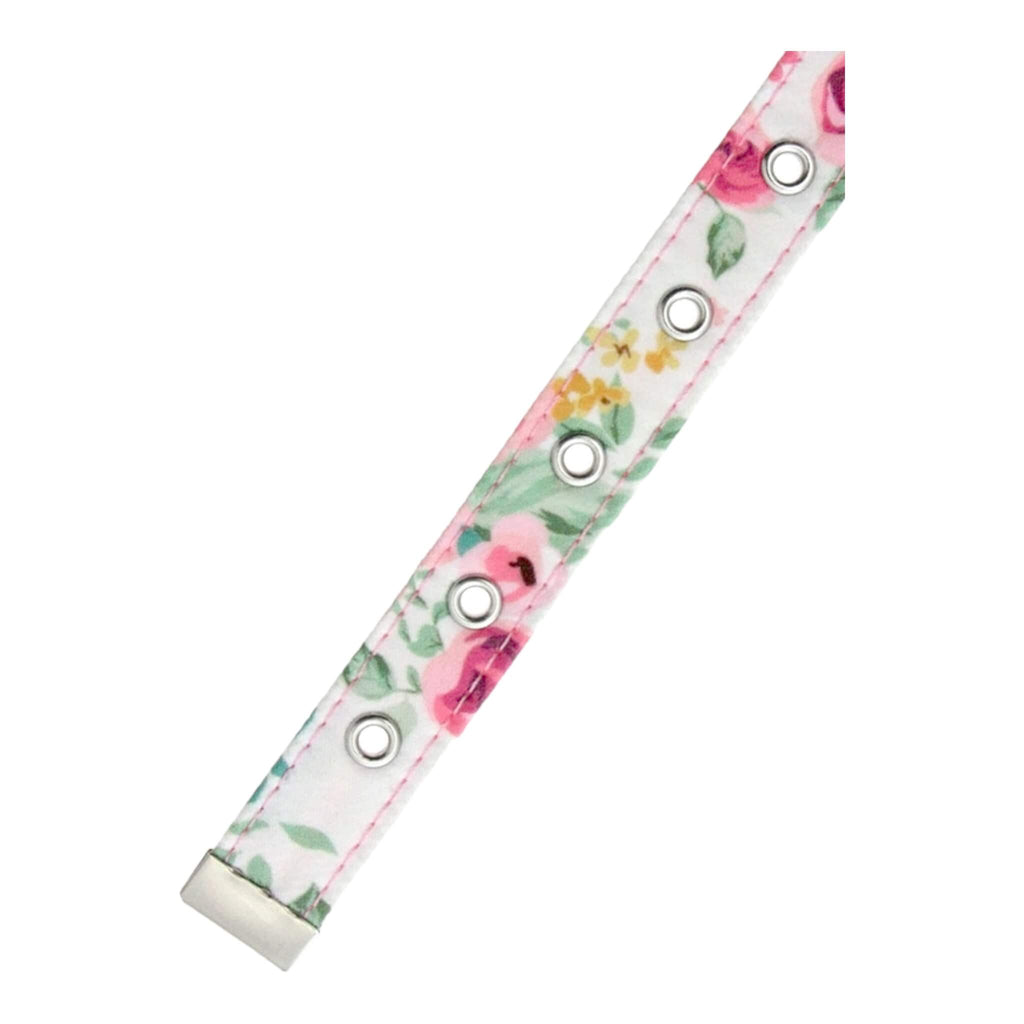 Pink Floral Cascade Fabric Dog Collar features chrome eyelets