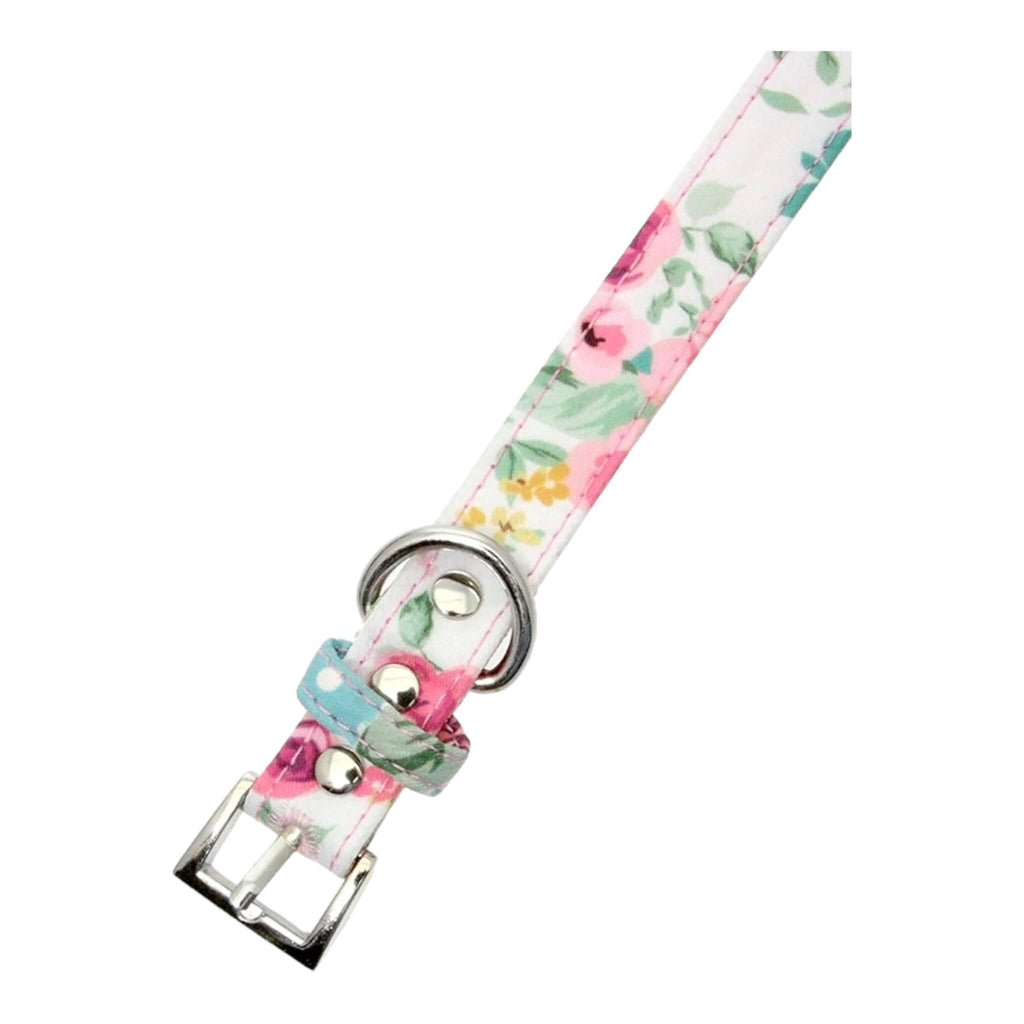 Pink Floral Cascade Fabric Dog Collar - flat view