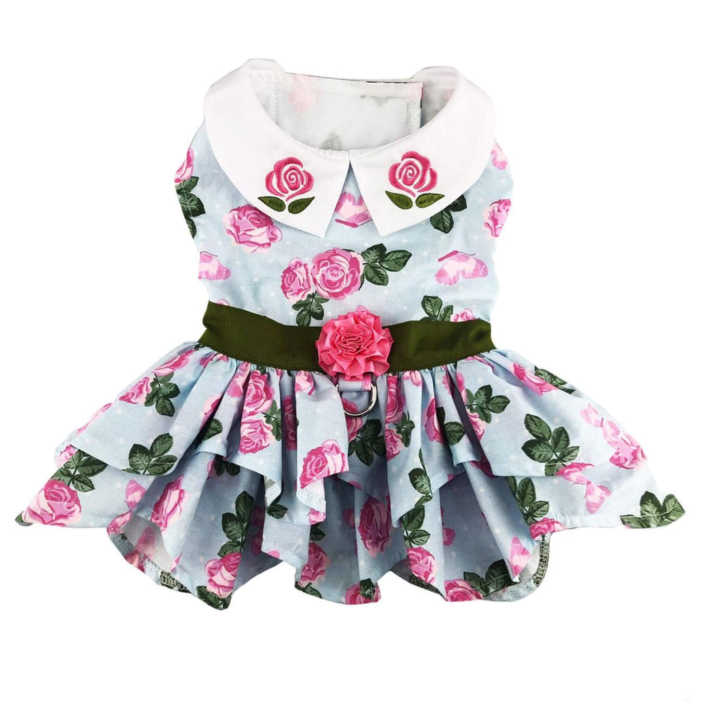 Pink Rose Dog Harness Dress with Matching Leash