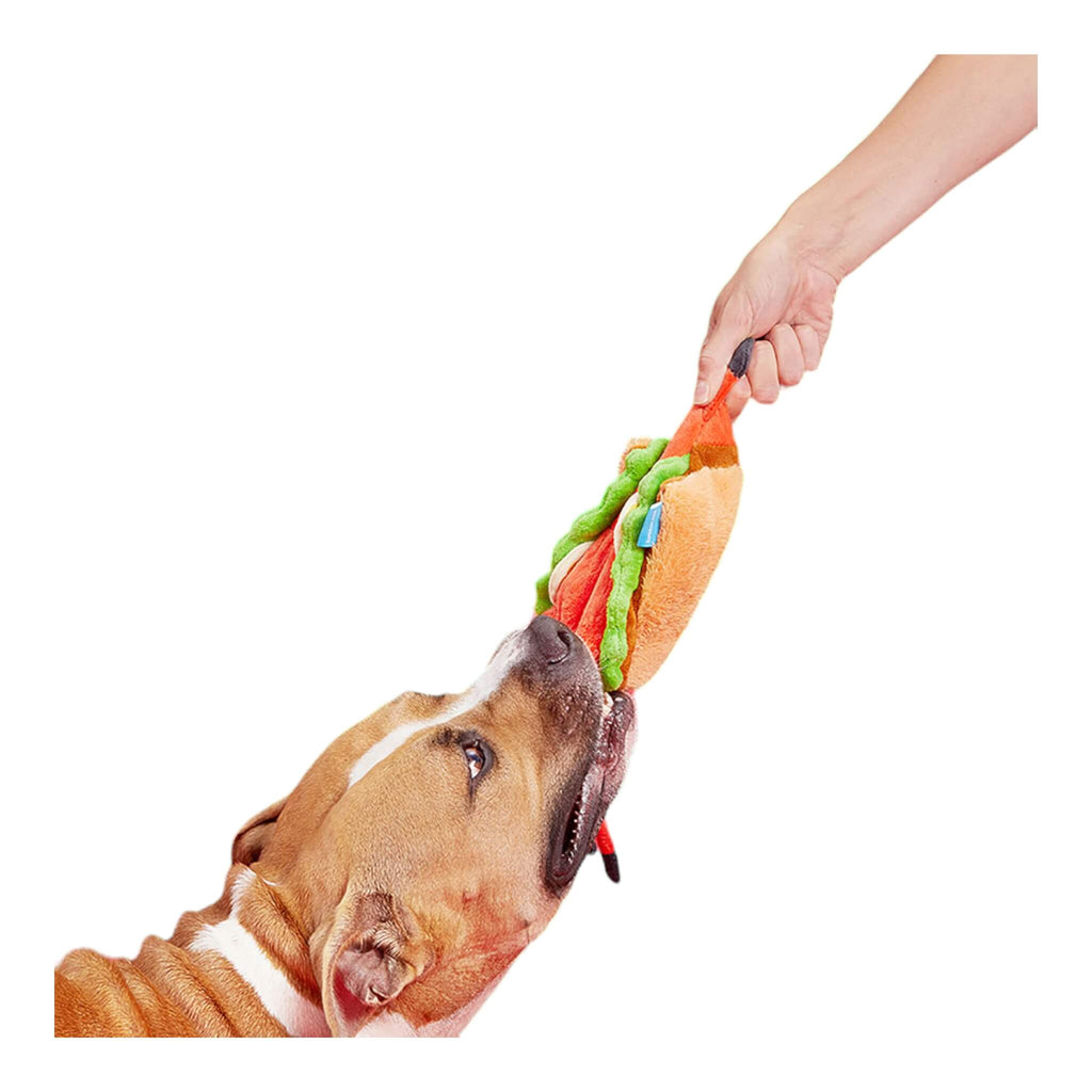 Playing tug with the Max's Maine Lobster Roll Plush Dog Toy