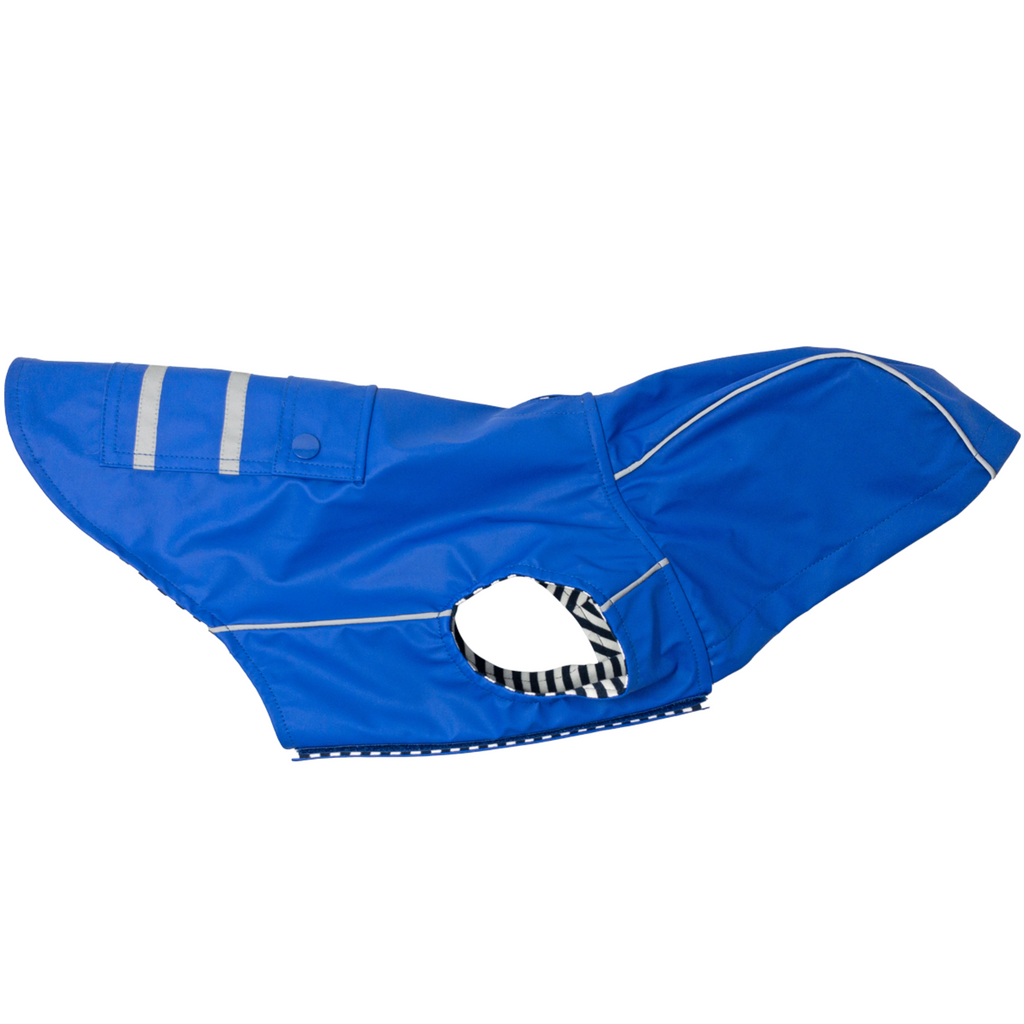 Slicker Dog Raincoat with Striped Lining in Cobalt Blue - Side View