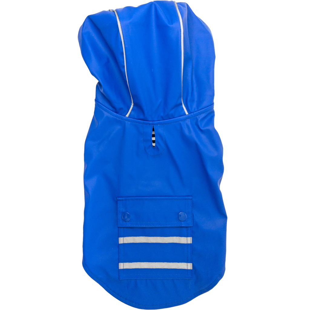 Slicker Dog Raincoat with Striped Lining in Cobalt Blue features a convenient pocket