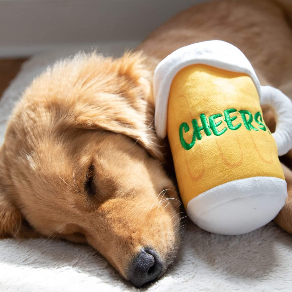 The Cheers Mug Plush Dog Toy is a perfect snuggle buddy