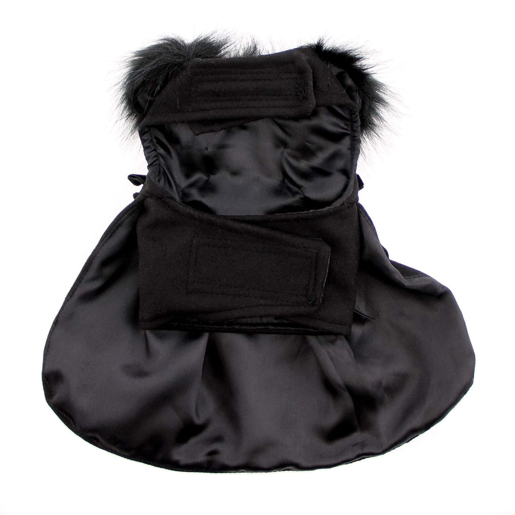 Wool Fur-Trimmed Dog Harness Coat in Black features a faux fur collar