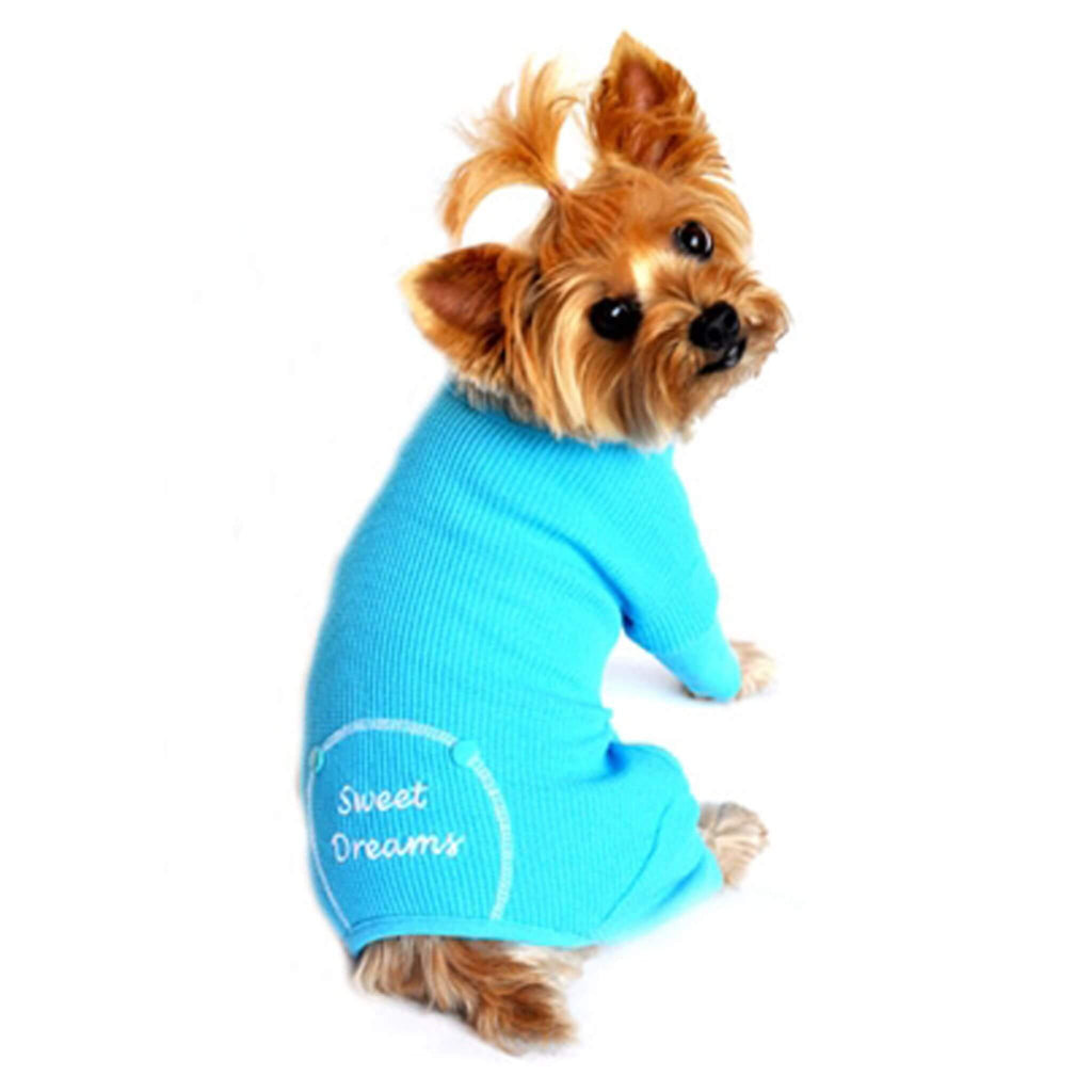 Yorkie models Sweet Dreams Embroidered Thermal Dog Pajamas in Blue