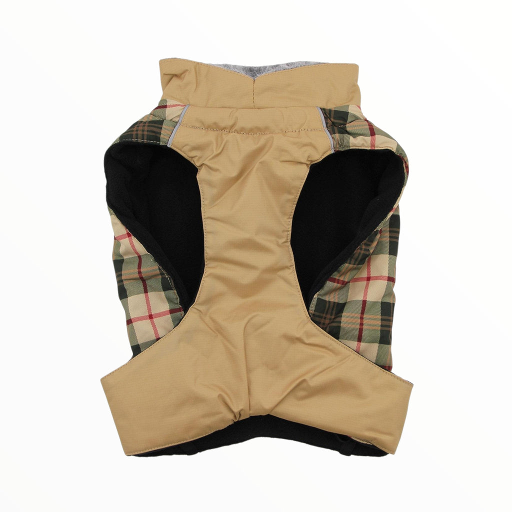 Alpine All-Weather Dog Coat in Beige Plaid - underside view