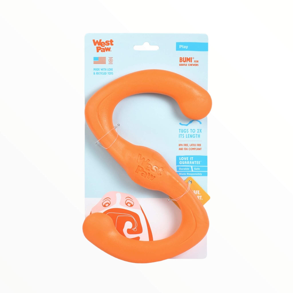 Bumi Dog Tug Toy in Tangerine with packaging