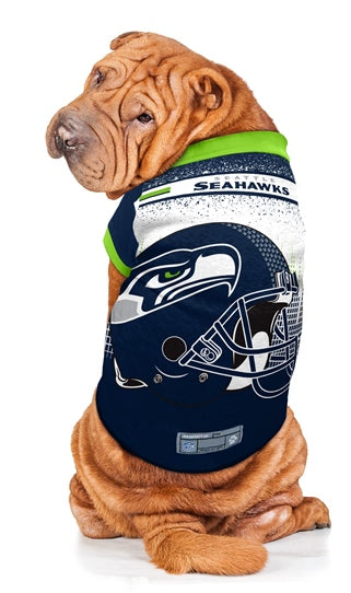 Dog models the Hip Doggie Seattle Seahawks NFL Performance T-Shirt for Dogs