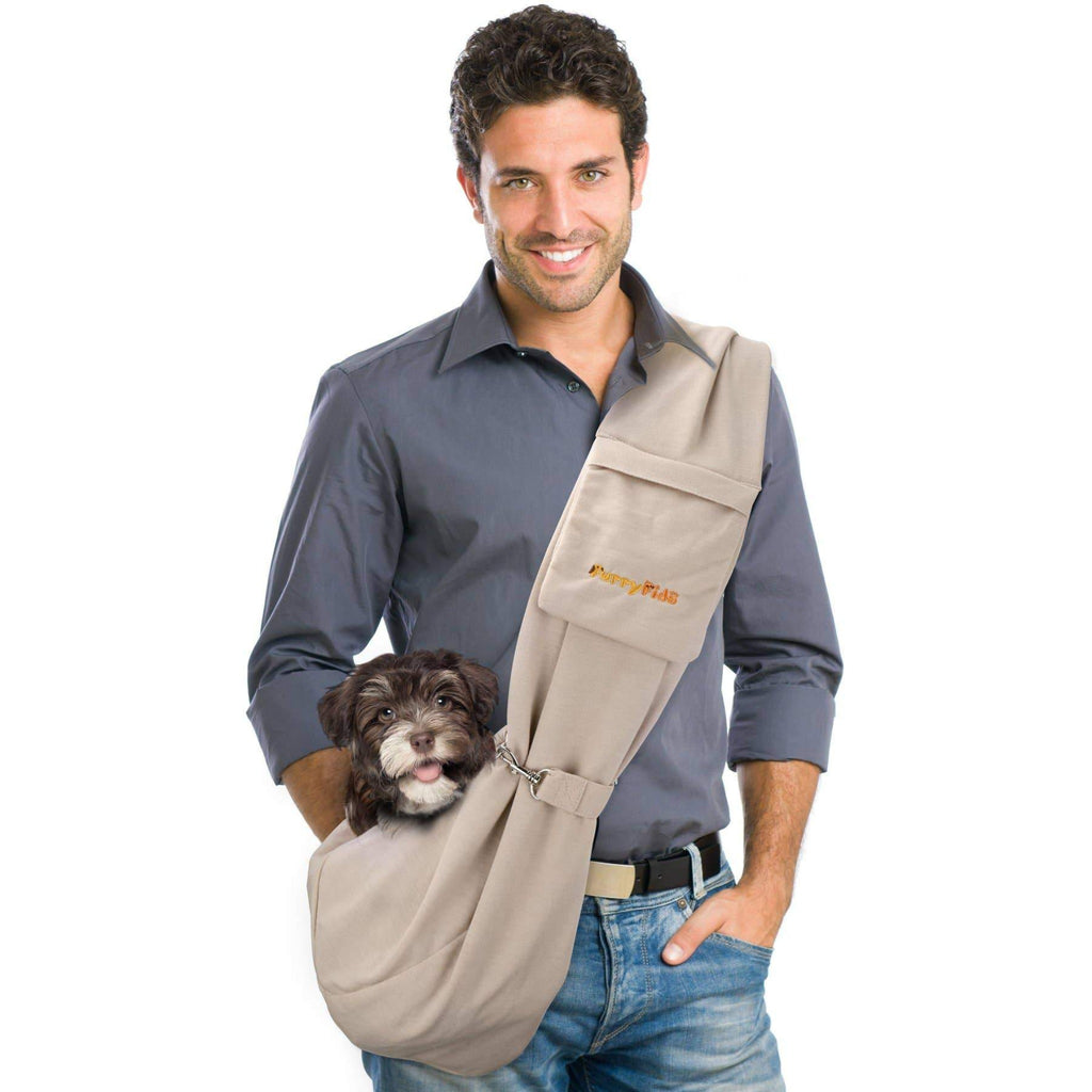 Dog snuggles in his Furry Fido Khaki Adjustable Pocket Pet Sling