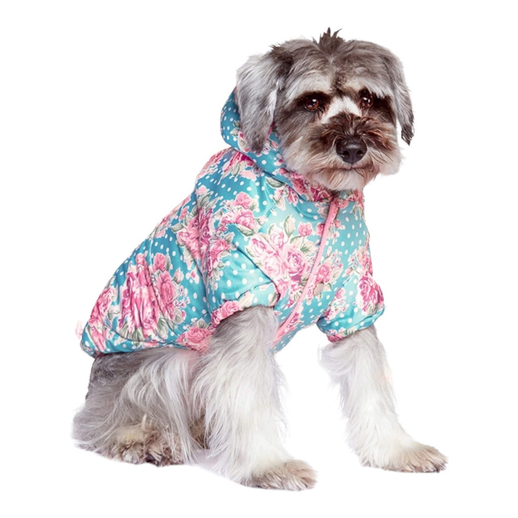 Dog wears stylish but practical Vintage Rose Quilted Floral Dog Coat