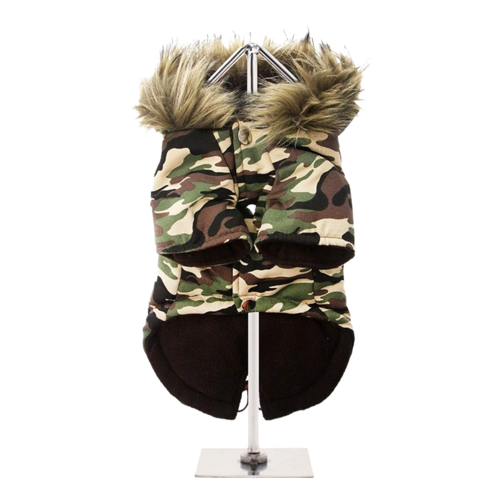 Forest Camouflage Fish Tail Dog Parka - underside view