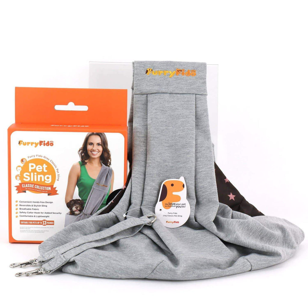 Furry Fido Grey Pet Sling with packaging