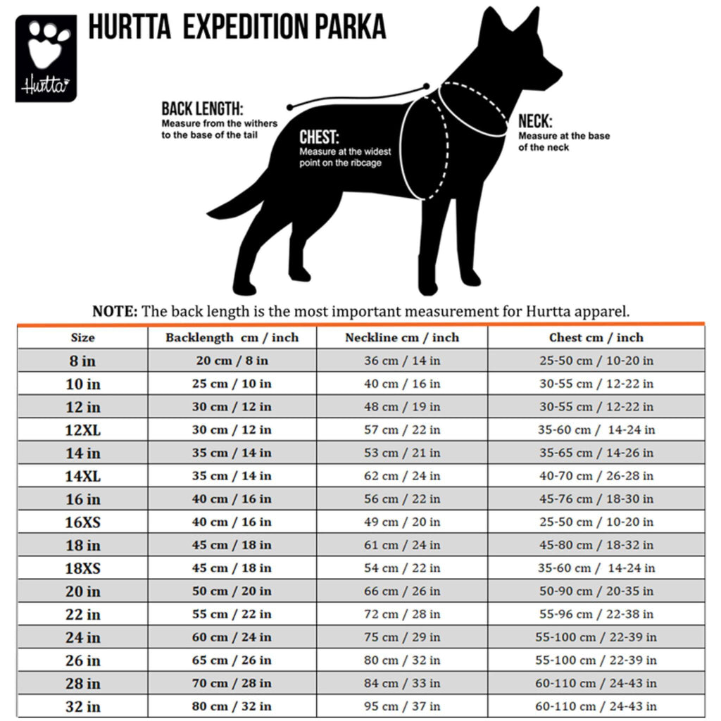 Hurtta Expedition Dog Parka Size Guide