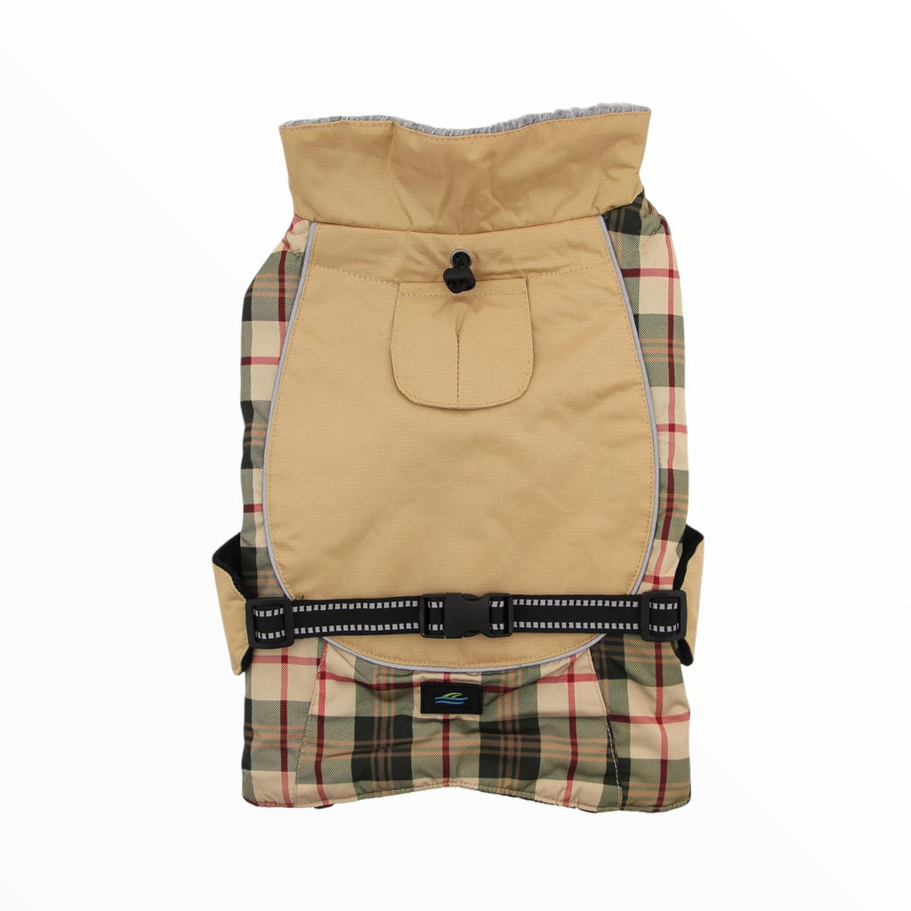 Looking down on the Alpine All-Weather Dog Coat in Beige Plaid