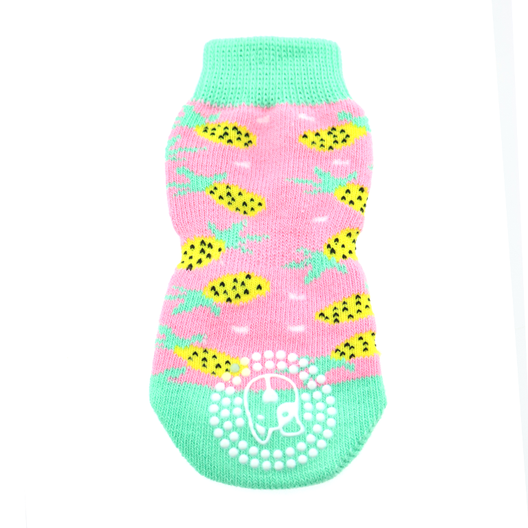 Pink Pineapple Non-Skid Dog Socks with cute yellow pineapples