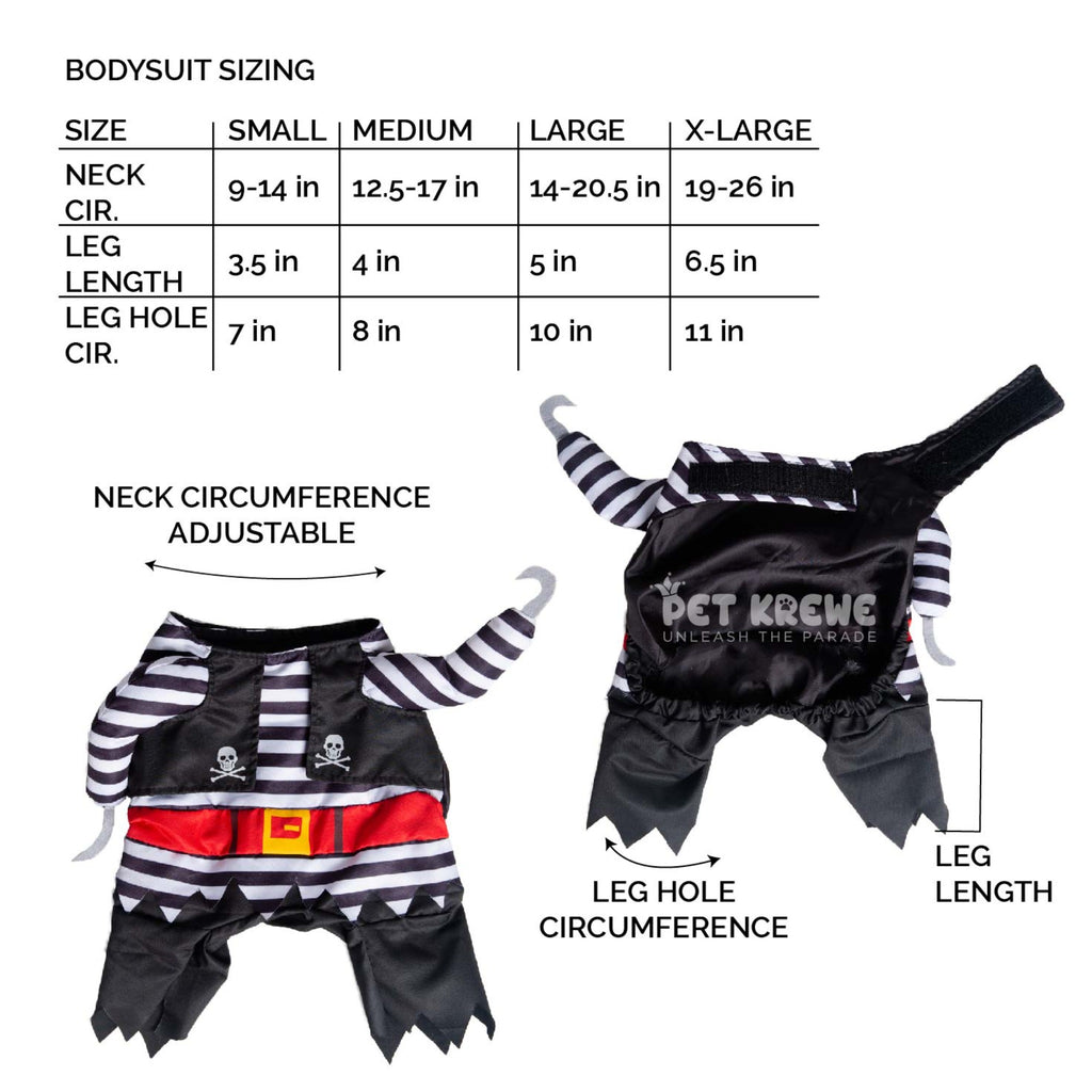 Pet Krewe Bodysuit Sizing Chart for dog costumes