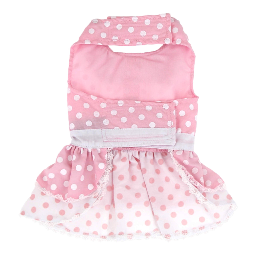 Pink Polka Dot and Lace Designer Dog Harness Dress - Belly View