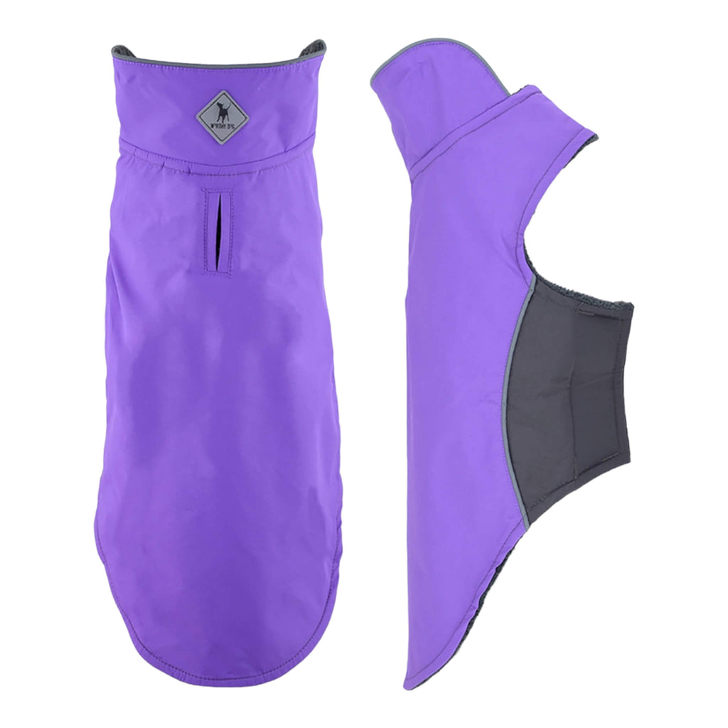 Purple Apex All-Weather Dog Coat - side and back views