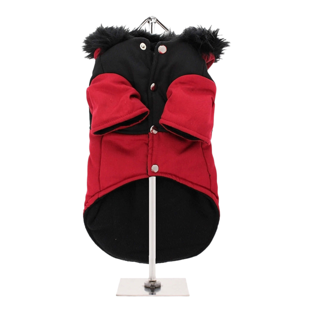 Red on Black Two Tone Dog Parka - underside view