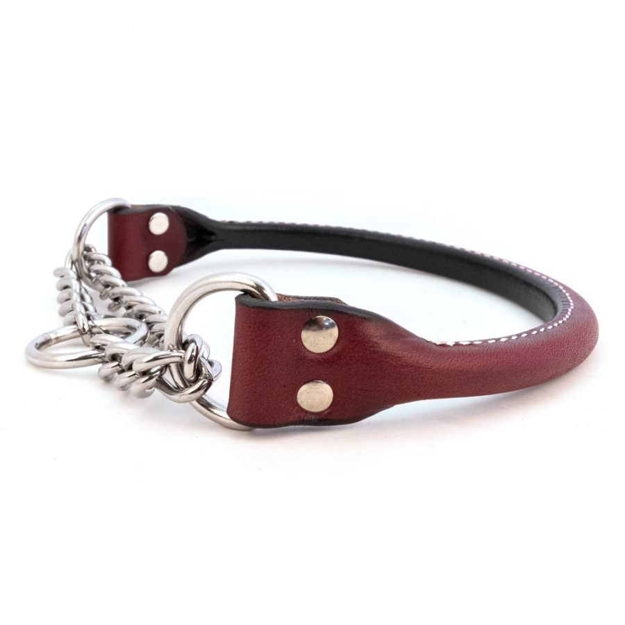 Rolled Leather Martingale Dog Collar in Burgundy