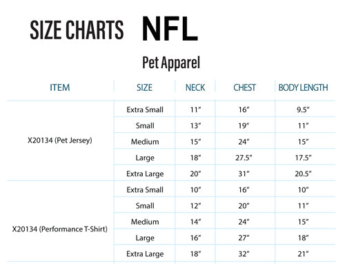 Hip Doggie NFL Pet Apparel Size Chart