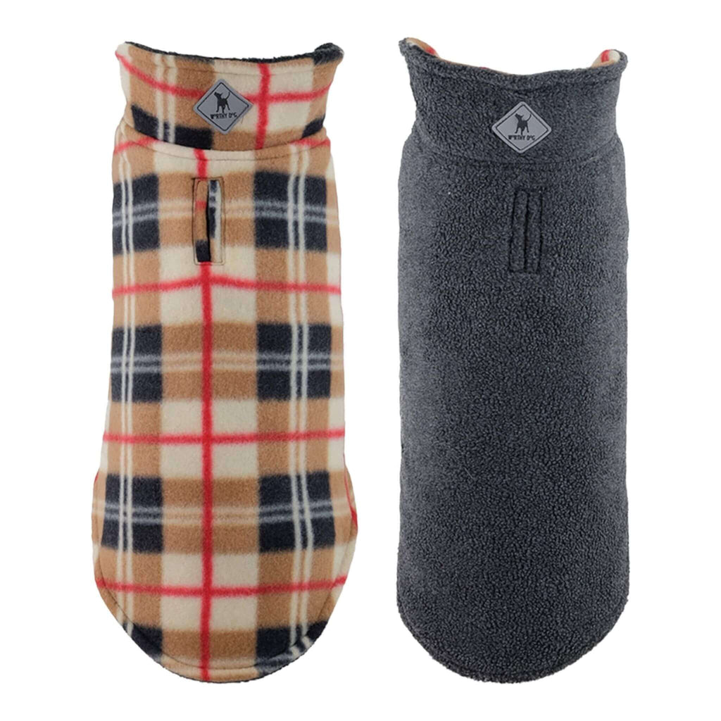 Two sides of the Tan Plaid Fargo Fleece Reversible Dog Jacket