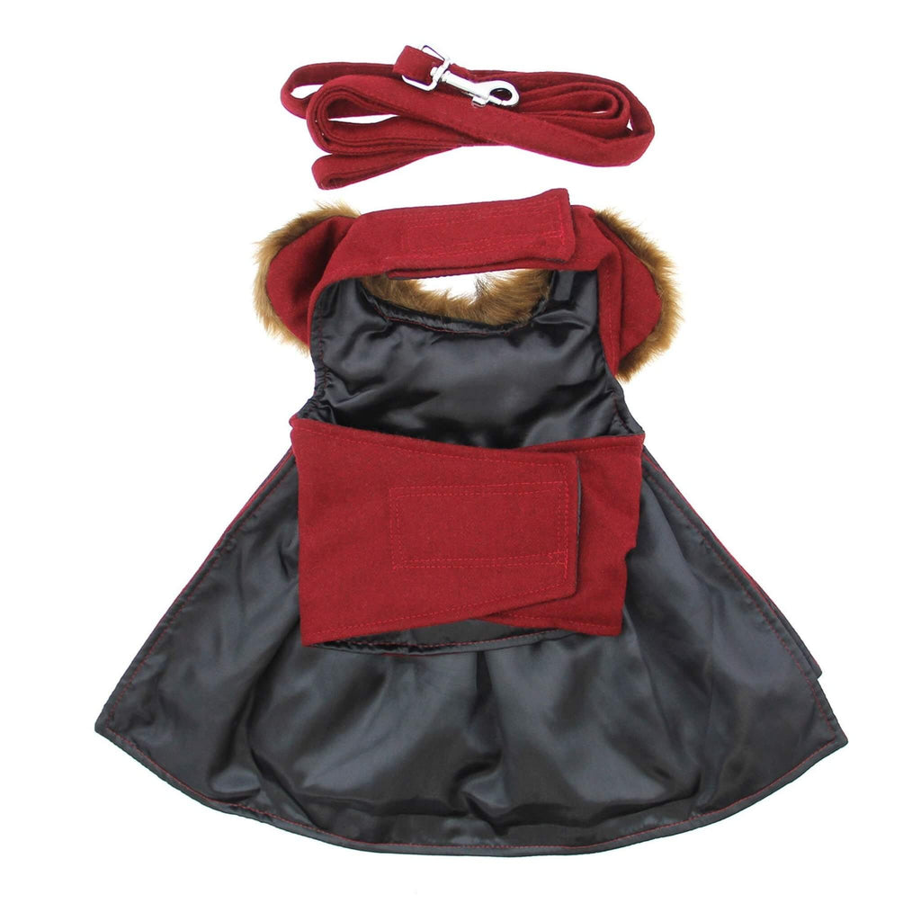 Comfortably lined Burgundy Faux Fur-trimmed Dog Harness Coat with Matching Leash