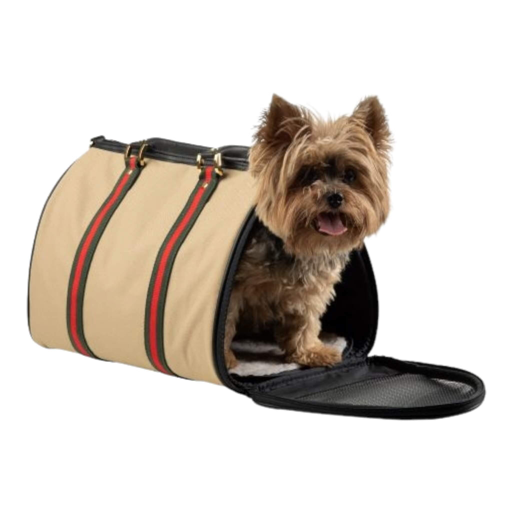 Yorkie coming out of Duffel Bag Designer Dog Carrier - Khaki with Stripe