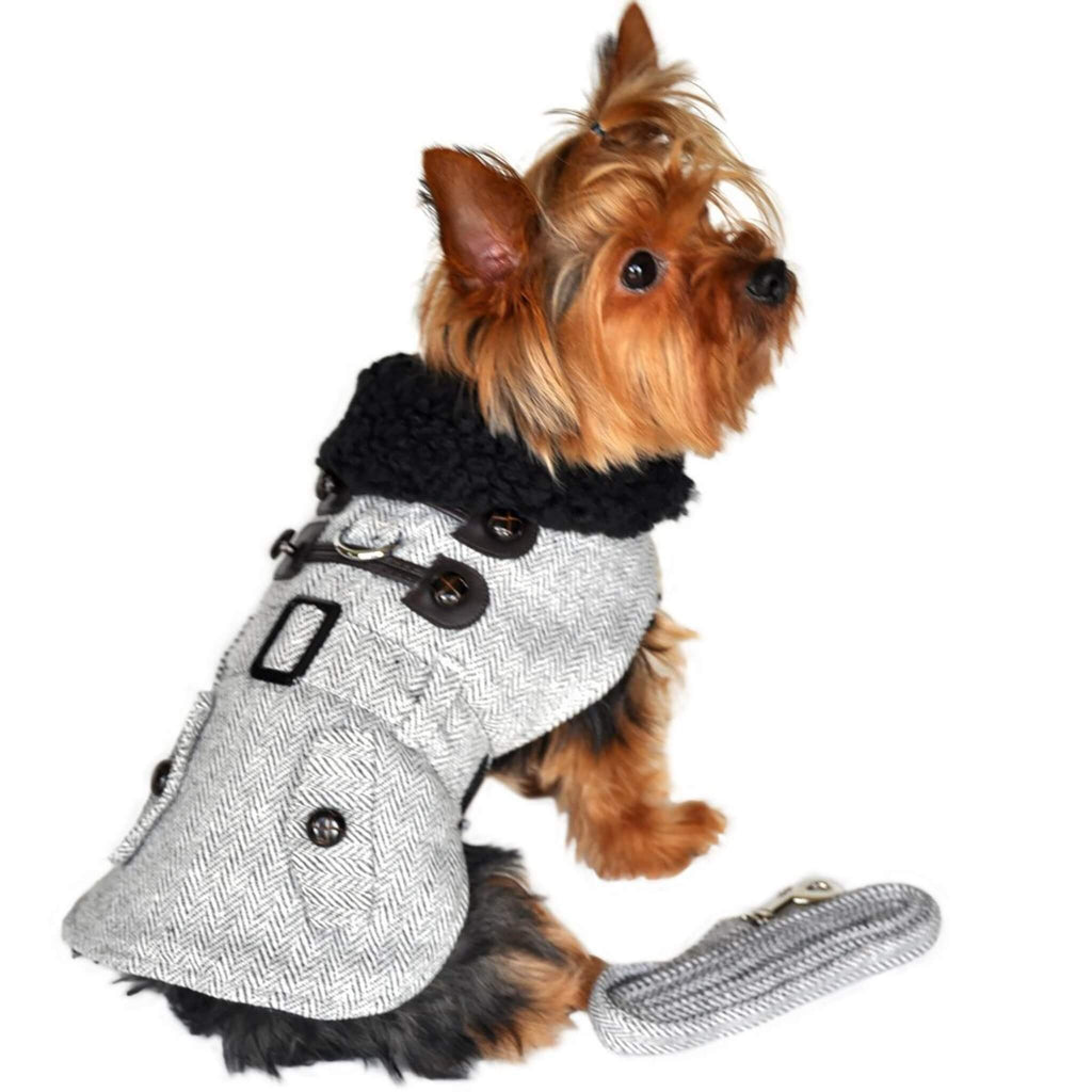 Yorkshire Terrier models Grey Herringbone Dog Harness Coat with matching leash